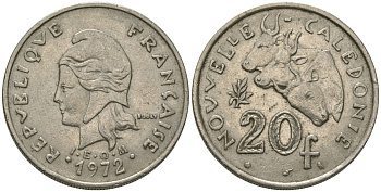 Французская Новая Каледония 20 франков 1972 три быка, (IEOM) KM 12, Schoen 14, Lec 106 никель 4680-414