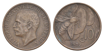 Италия 10 чентезимо 1932 R, пчела, Виктор Эммануил (1900-1946) KM 60 медь 4161-1023
