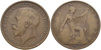 Великобритания 1 пенни 1917 Георг V (1910-1936) KM 810, Spink 4051 бронза 115-115