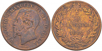 ИТАЛИЯ 5 ЧЕНТЕЗИМО 1862 N, ВИКТОР ЭММАНУИЛ II (1861-1878) KM 3.3 медь 4548-131
