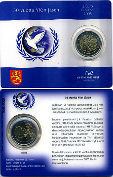 Финляндия 2 евро 2005 60 лет ООН, 50 лет членству Финляндии в ООН, запайка, буклет KM 119 биметалл BUNC 3-4-8-71