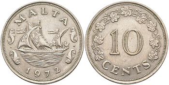 Мальта 10 центов 1972 баржа Великого магистра KM 11 медно-никель 3855-1113