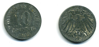 ГЕРМАНИЯ 10 ПФЕННИГОВ 1919 KM 26, J. 299 цинк 54-514