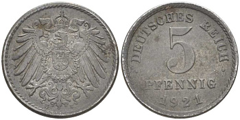 ГЕРМАНИЯ 5 ПФЕННИГОВ 1921 E KM 19, J. 297, Weege 5 железо 206-748