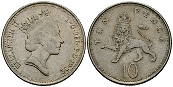 Великобритания 10 пенсов 1992 Елизавета II (1952-2022) KM 938b, Spink 4367 (F4) медно-никель 4167-537