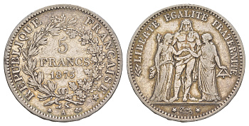 Франция 5 франков 1875 А, Геракл с богинями равенства и братства KM 820 серебро 1519-834