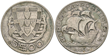Португалия 5 эскудо 1940 KM 581 серебро 117-634