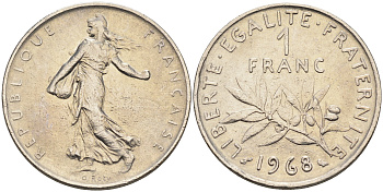 Франция 1 франк 1968 сеятель KM 925.1 никель    4177-251