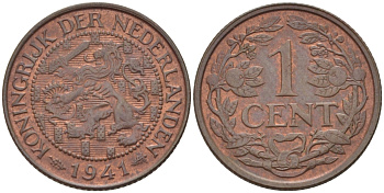 НИДЕРЛАНДЫ 1 ЦЕНТ 1941 ВИЛЬГЕЛЬМИНА (1890-1948) KM 152 бронза 39-116