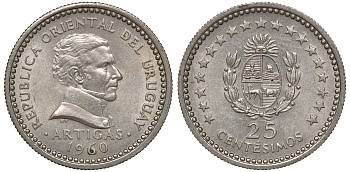 Уругвай 25 сентесимо 1960 KM 40 медно-никель 4169-861