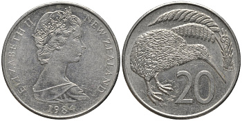Новая Зеландия 20 центов 1984 Елизавета II (1952-2022), птичка киви KM 36.1 медно-никель 81-625