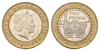 Великобритания 2 фунта 2004 Елизавета II (1952-2022), 200 лет первому паровозу Ричарда Тревесика KM 1049, Spink 4578 (K17) биметалл aUNC 4111-611