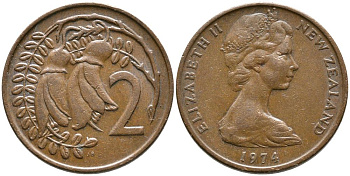 Новая Зеландия 2 цента 1974 Елизавета II (1952-2022), два цветка кохаи KM 32.1 бронза 3336-812