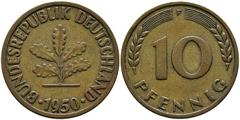 ФРГ 10 ПФЕННИГОВ 1950 F KM 108, J.383 сталь плакированная латунью 33-114