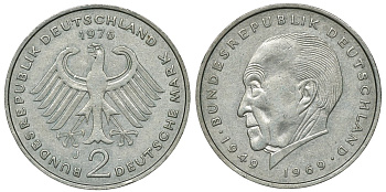 ФРГ 2 МАРКИ 1976 J, КОНРАД АДЕНАУЭР KM 124, J. 406 медно-никель плакированный никелем плакированный никелем UNC 72-514