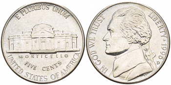 США 5 ЦЕНТОВ 1996 D, ДЖЕФФЕРСОН KM А192 медно-никель 4546-1225