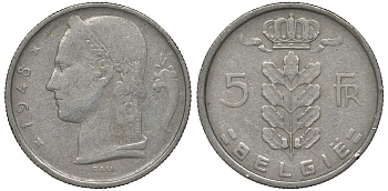 Бельгия 5 франков 1948 BELGIE KM 135 медно-никель 4128-927
