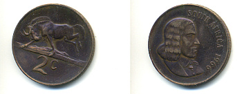 ЮАР 2 цента 1966 Ян ван Рибек (1619-1677), South Africa, легенда на английском, антилопа гну KM 66.1 бронза 83-112