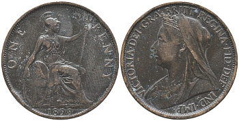 Великобритания 1 пенни 1899 Виктория (1837-1901) KM 790, Spink 3961 бронза 32-433