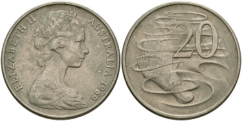 Австралия 20 центов 1969 Елизавета II (1952-2022), утконос KM 66 медно-никель 4364-2022