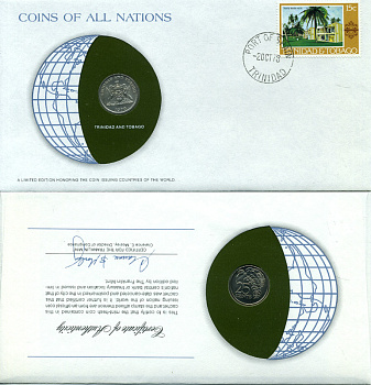 Тринидад и Тобаго 25 центов 1976 цветок дикая пуансеттия, КОНВЕРТ С МАРКОЙ ПЕРВОГО ДНЯ ГАШЕНИЯ, COINS OF NATIONS KM 28 медно-никель UNC 4294-49-3