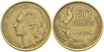 ФРАНЦИЯ 20 ФРАНКОВ 1952 4 ПЕРА KM 917.1, LE FRANC 402.9 алюминиевая бронза 175-646
