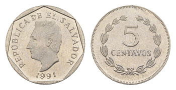 Сальвадор 5 сентаво 1991 KM 154a сталь плакированная медно-никелем UNC 4651-451