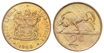 ЮАР 2 цента 1984 герб, антилопа гну KM 83 бронза UNC 4695-1047