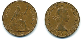 Великобритания 1 пенни 1966 Елизавета II (1952-2022) KM 897, Spink 4157 бронза 46-1934