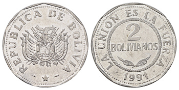 Боливия 2 боливиано 1991 KM 206.1 нержавеющая сталь UNC 68-1053