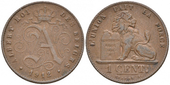 БЕЛЬГИЯ 1 САНТИМ 1912 BELGES KM 76 медь 4549-969