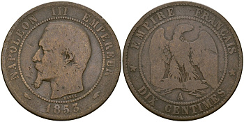 Франция 10 сантимов 1853 A- Париж, Наполеон III (1852 - 1870) KM 771 бронза 4168-141