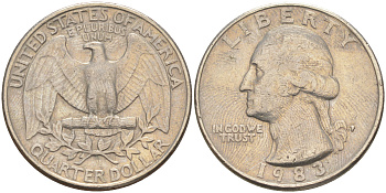 США 25 ЦЕНТОВ = КВОТЕР 1983 P, ВАШИНГТОН KM A164a медь плакированная медно-никелем 4114-917