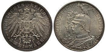 Пруссия 2 марки 1901 A, 200 лет Прусской королевской династии (Фридрих I - Вильгельм II) J.105, Weege 105, KM 525 серебро 3711-1044