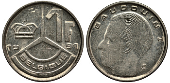 БЕЛЬГИЯ 1 ФРАНК 1991 БОДУЭН KM 188 железо плакированное никелем XF- 4181-327