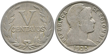 КОЛУМБИЯ 5 СЕНТАВО 1935 KM 199 медно-никель 4532-214