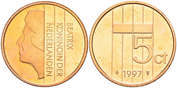 Нидерланды 5 центов 1997 Беатрикс (1980-2013) KM 202 бронза UNC 4116-256