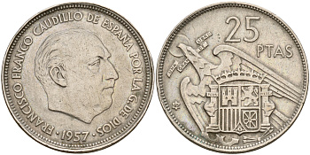 Испания 25 песет 1957 (69) Франциско Франко (1939-1975) KM 787 медно-никель    4601-1024
