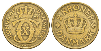 Дания 2 кроны 1925 HCN; GJ, Кристиан X (1912-1947) KM 825 алюминиевая бронза 82-1043