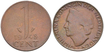 Нидерланды 1 цент 1948 Вильгельмина (1890-1948), год тип KM 175 бронза 211-717