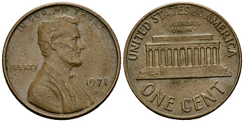 США 1 цент 1971 D, Линкольн KM 201 медь цинк 4136-132