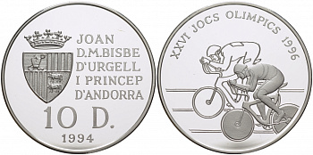 Андорра 10 динеров 1994 XXVI Олимпийские игры 1996 года велоспорт KM 95 серебро PROOF 11-268-35