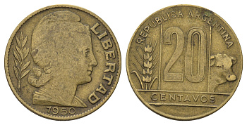 Аргентина 20 сентаво 1950 KM 42 алюминиевая бронза 4571-652