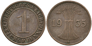 Германия 1 рейхспфенниг 1935 A KM 37, J. 313 бронза 4528-567