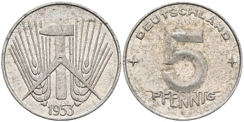 ГДР 5 пфеннигов 1953 E KM 6 алюминий 4585-1041