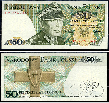 Польша 50 злотых 1988 Кароль Сверчевский, знак Грюнвальдского ордена Pick 142 c бумага UNC (пресс) 8603-31-3-1