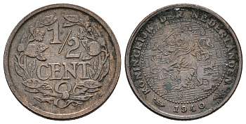 НИДЕРЛАНДЫ 1/2 ЦЕНТА 1940 ВИЛЬГЕЛЬМИНА (1890-1948) KM 138 бронза 61-647