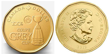 Канада 1 доллар 2012 100-ый кубок Грея (чемпионат канадской футбольной лиги) KM 1295 никель плакированный бронзой UNC M45-15