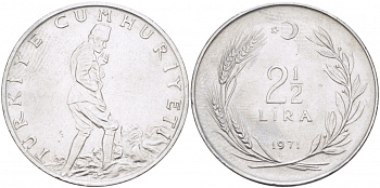 ТУРЦИЯ 2 1/2 ЛИРЫ 1971 KM 893.2 сталь 215-414