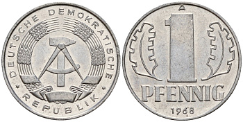 ГДР 1 пфенниг 1968 A KM 8.1 алюминий 105-552